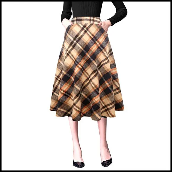 Woolen High Waist A-Line Pleated Midi Skirt with Pockets - Picture 1 of 7